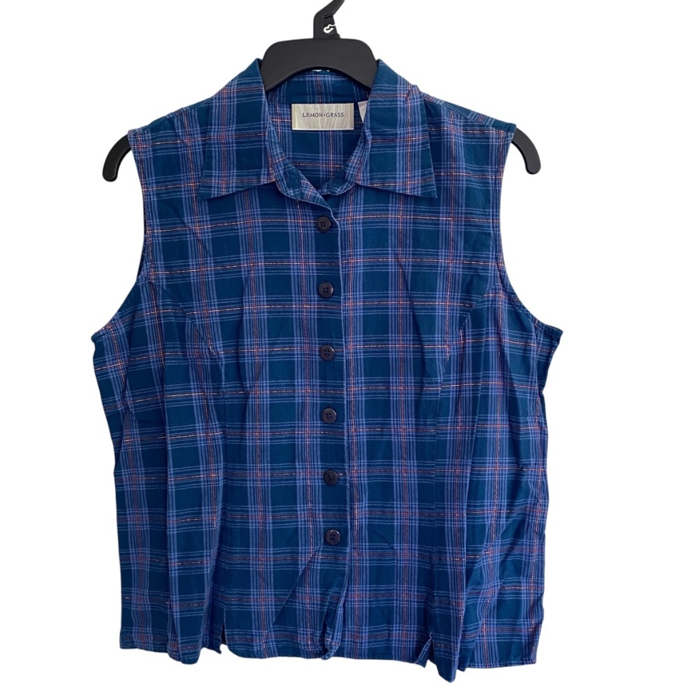 LEMON GRASS 100% Cotton Blue Plaid Made In India Sleeveless Blouse Size Medium